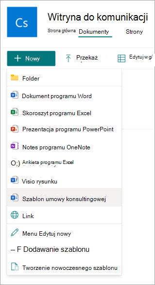 Zrzut ekranu przedstawiający bibliotekę dokumentów z nowoczesnymi opcjami szablonu w menu Nowy.