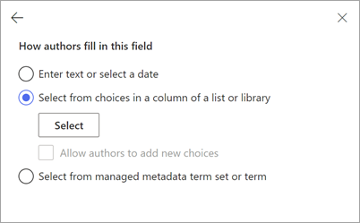 Zrzut ekranu przedstawiający przeglądarkę szablonów z panelem Nowe pole dla danych wejściowych z listy programu SharePoint.