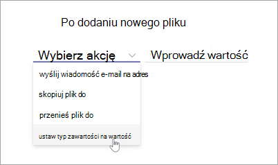 Zrzut ekranu przedstawiający stronę instrukcji reguły z wyróżnioną opcją wybierania akcji.