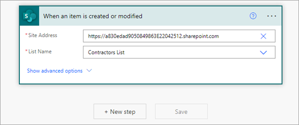 Zrzut ekranu przedstawiający wyzwalacz Po utworzeniu lub zmodyfikowaniu dokumentu przedstawiający przykładowy adres witryny i nazwę witryny.