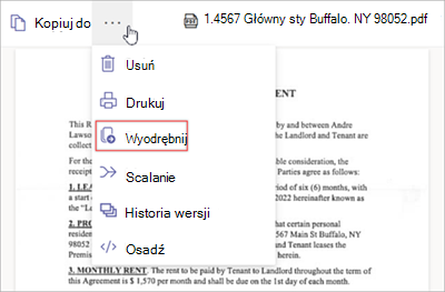 Zrzut ekranu przedstawiający menu Więcej opcji z opcją Wyodrębnij.