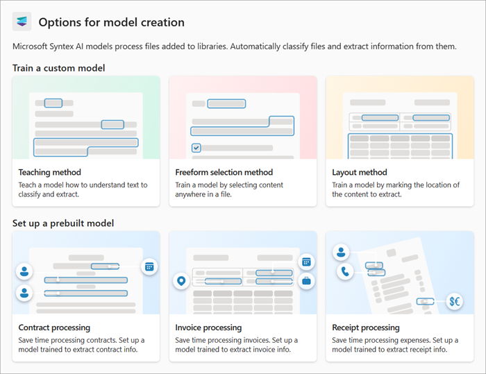 Zrzut ekranu przedstawiający stronę Opcje tworzenia modelu przedstawiającą modele niestandardowe i wstępnie utworzone modele.