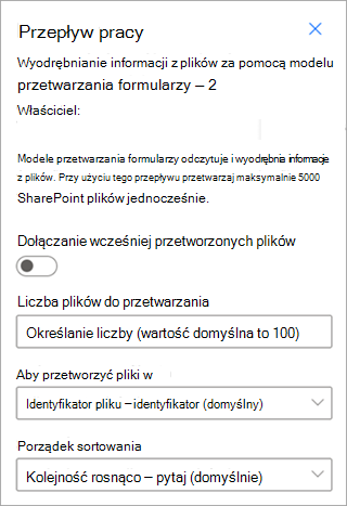 Zrzut ekranu przedstawiający panel Uruchamianie przepływu z wyróżnionymi opcjami parametrów.