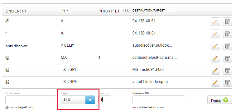 Wybierz typ MX z listy rozwijanej i wypełnij wartości.