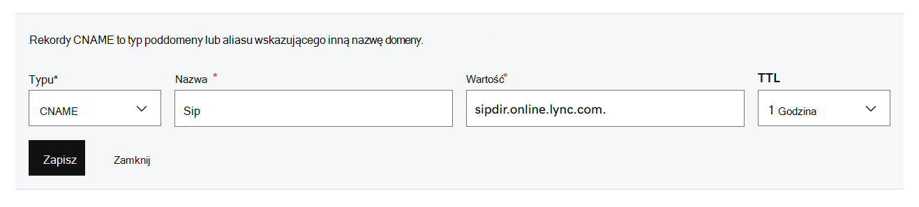 Wypełnij wartości z tabeli rekordów CNAME dla usługi Microsoft Teams.