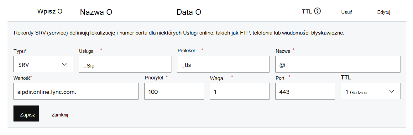 Wypełnij wartości z tabeli dla rekordów SRV.