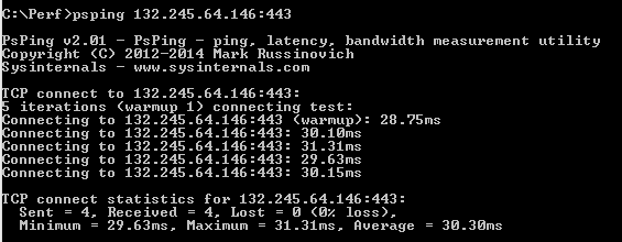 PsPing do adresu IP zwróconego przez polecenie ping do outlook.office365.com pokazujące średnie opóźnienie 28 milisekund.