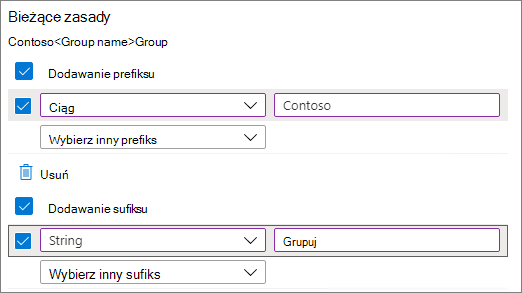 Zrzut ekranu przedstawiający ustawienia zasad nazewnictwa grup w Tożsamość Microsoft Entra.
