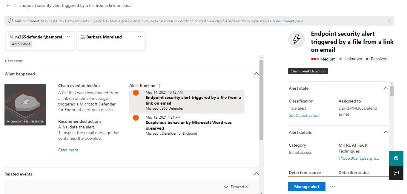 Szczegóły alertu w zdarzeniu w portalu Microsoft Defender.