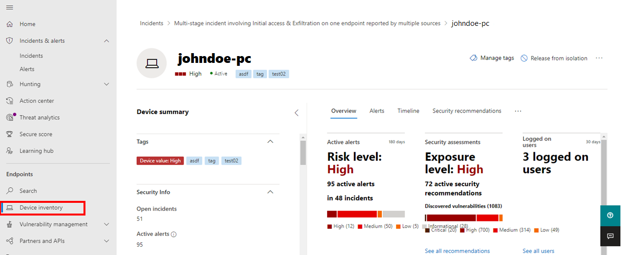 Szczegóły urządzenia na stronie Urządzenie w portalu Microsoft Defender.