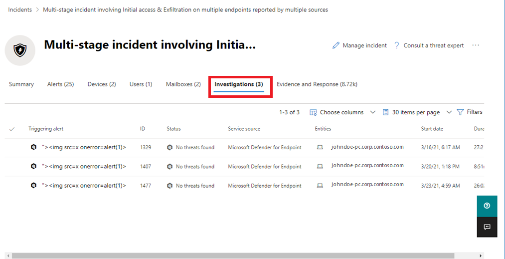 Strona Badania dotyczące zdarzenia w portalu Microsoft Defender