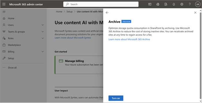 Zrzut ekranu przedstawiający stronę Archiwum platformy Microsoft 365 w centrum administracyjnym pokazującą, jak włączyć pozycję Archiwum.