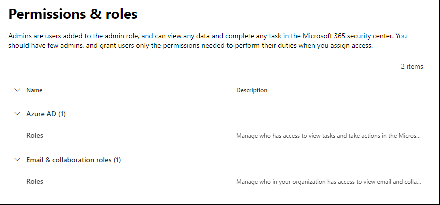 Strona Uprawnienia & role w portalu Microsoft Defender