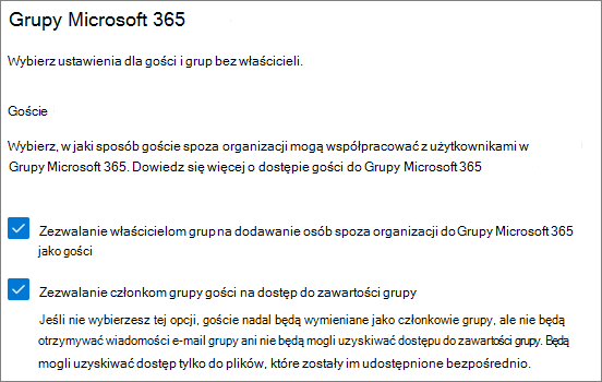 Zrzut ekranu przedstawiający Grupy Microsoft 365 ustawienia gościa w Centrum administracyjne platformy Microsoft 365.
