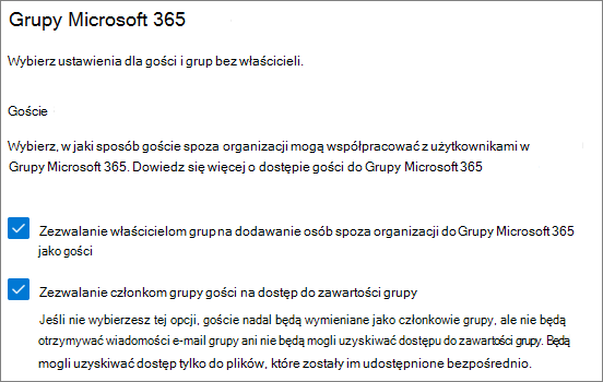 Zrzut ekranu przedstawiający ustawienia gościa Grupy platformy Microsoft 365 w centrum administracyjnym platformy Microsoft 365.