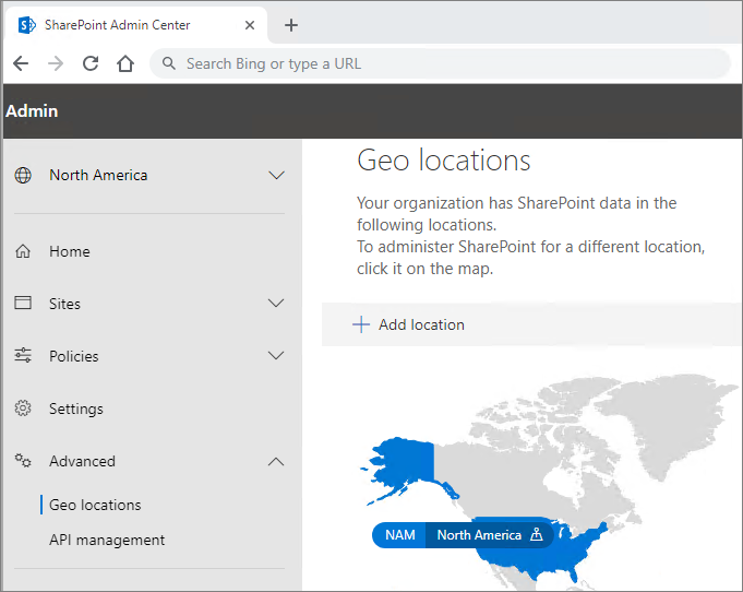 Zrzut ekranu przedstawiający stronę lokalizacji geograficznych w centrum administracyjnym programu SharePoint.