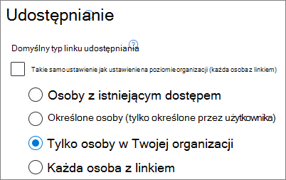 Zrzut ekranu przedstawiający ustawienia domyślnego typu linku na poziomie witryny programu SharePoint.