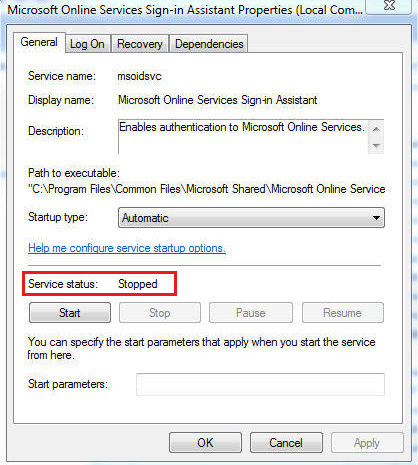 Zrzut ekranu przedstawiający okno właściwości Asystent logowania usług online z informacją o zatrzymaniu stanu usługi.