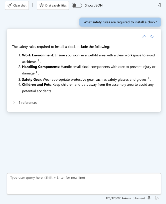 Sesja czatu usługi Azure OpenAI Studio — reguły bezpieczeństwa instalacji zegara