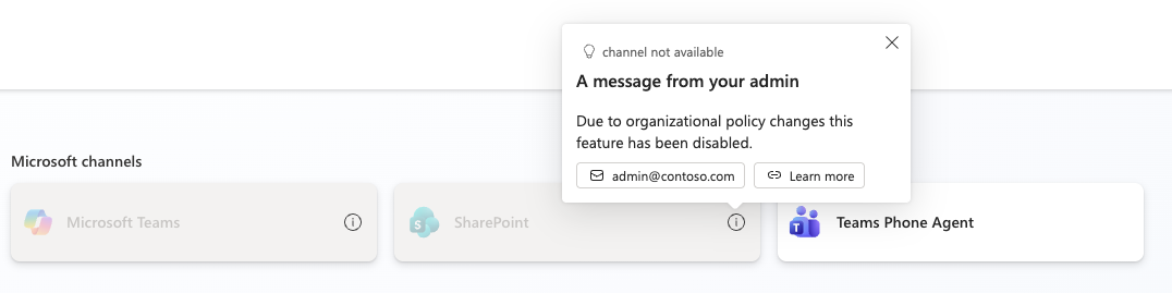 Zrzut ekranu wyłączonego kanału SharePoint z niestandardowym komunikatem nawigacyjnym w popoverze.