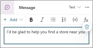 Zrzut ekranu przedstawiający węzeł Wiadomość na kanwie tworzenia w Copilot Studio.