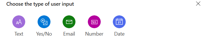 Zrzut ekranu przedstawiający wybór typu danych wejściowych w programie Copilot Studio.