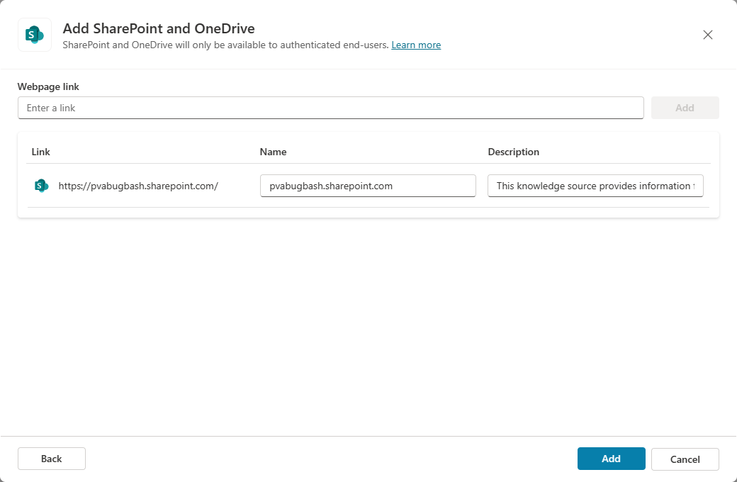 Zrzut ekranu przedstawiający okno dialogowane dodawania SharePoint i OneDrive.