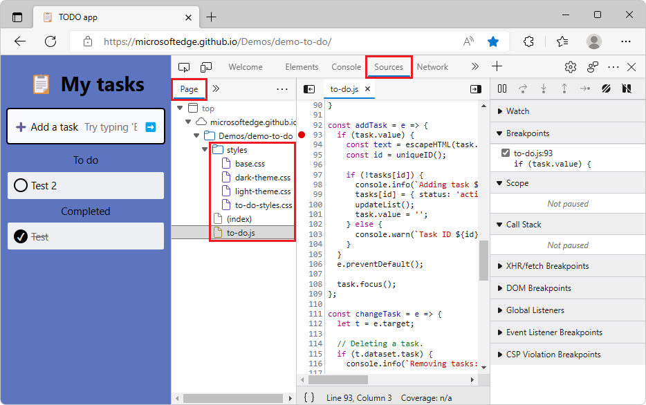 To Do demo and DevTools with the Sources tool selected