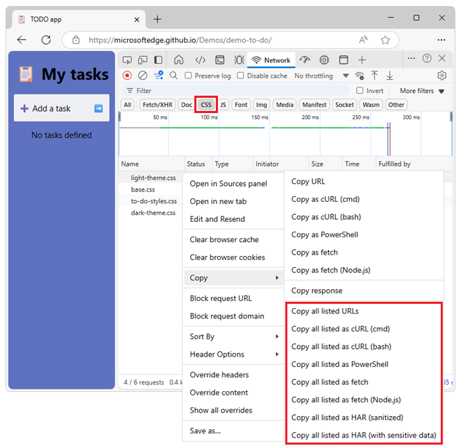 Copy options for a filtered set of requests