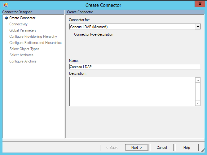 Interfejs użytkownika synchronizacji programu MIM w celu utworzenia nowego łącznika