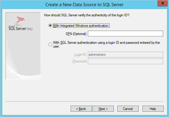 Zrzut ekranu przedstawiający krok uwierzytelniania z wybraną opcją zintegrowanego uwierzytelniania systemu Windows i przyciskiem Dalej.