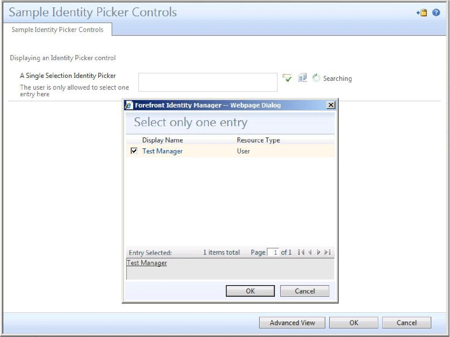 kontrolka UocIdentityPicker w trybie SingleResult