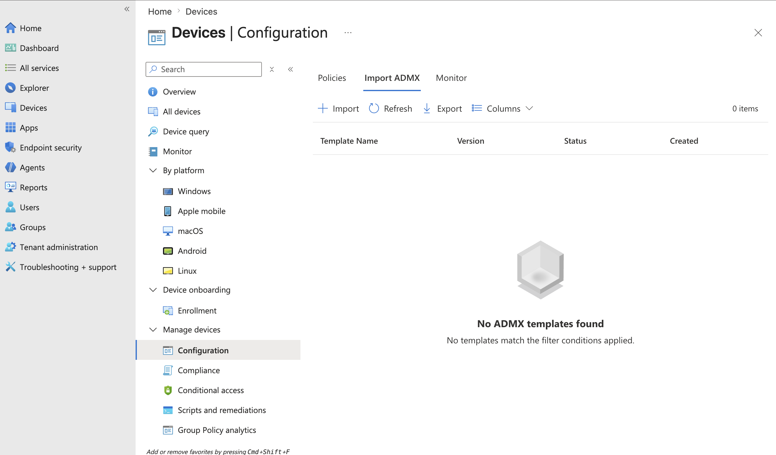 Screenshot of the Import ADMX tab on the Devices Configuration page in Intune.
