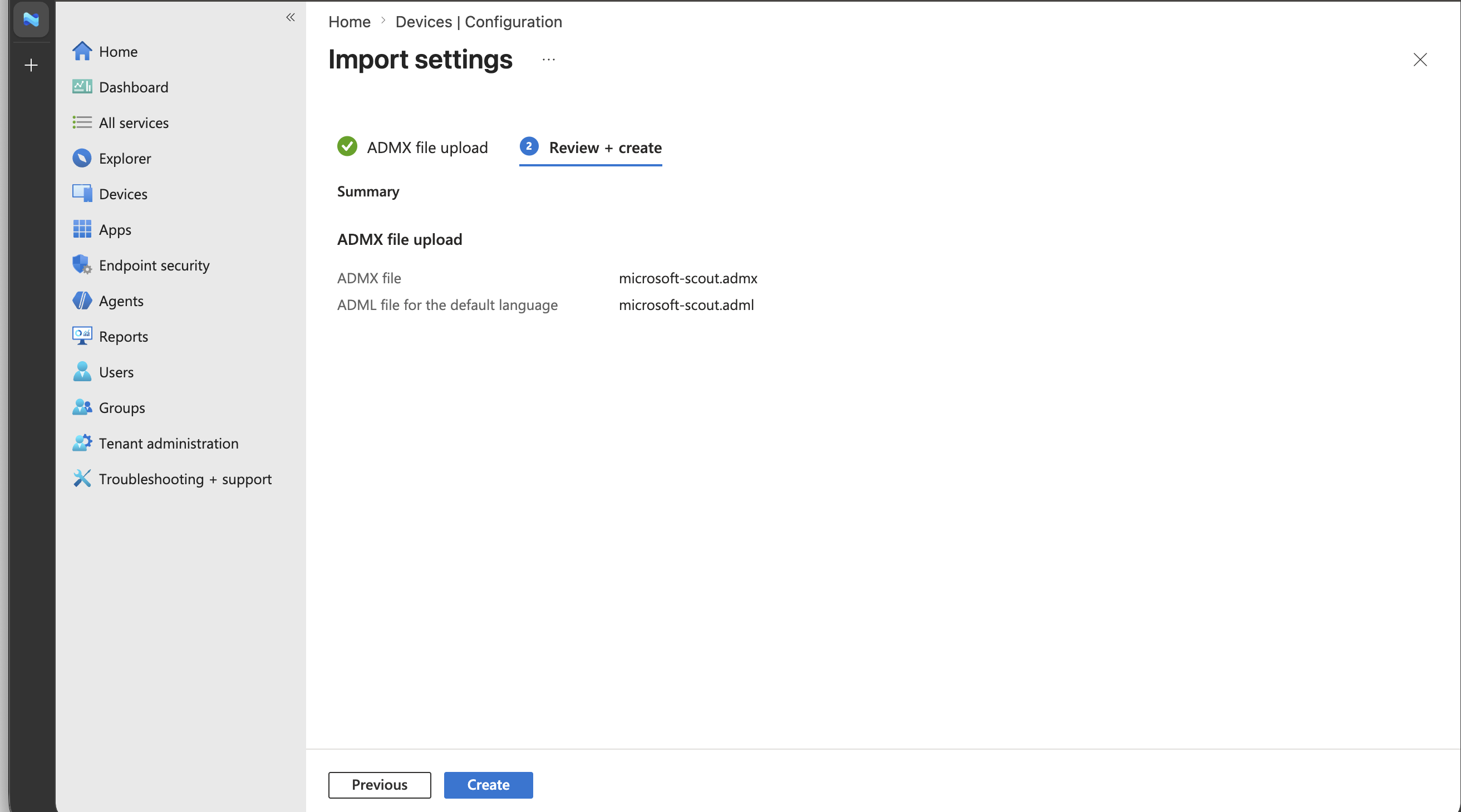 Screenshot of the Review and create page for the imported Microsoft Scout ADMX template.