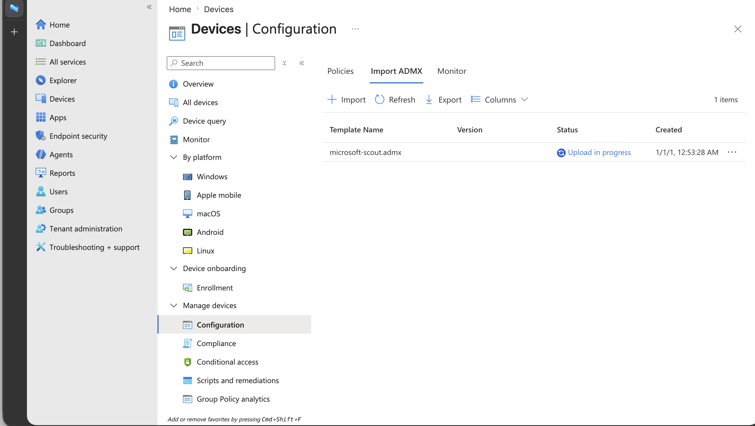 Screenshot of the Microsoft Scout ADMX upload showing an in-progress status in Intune.