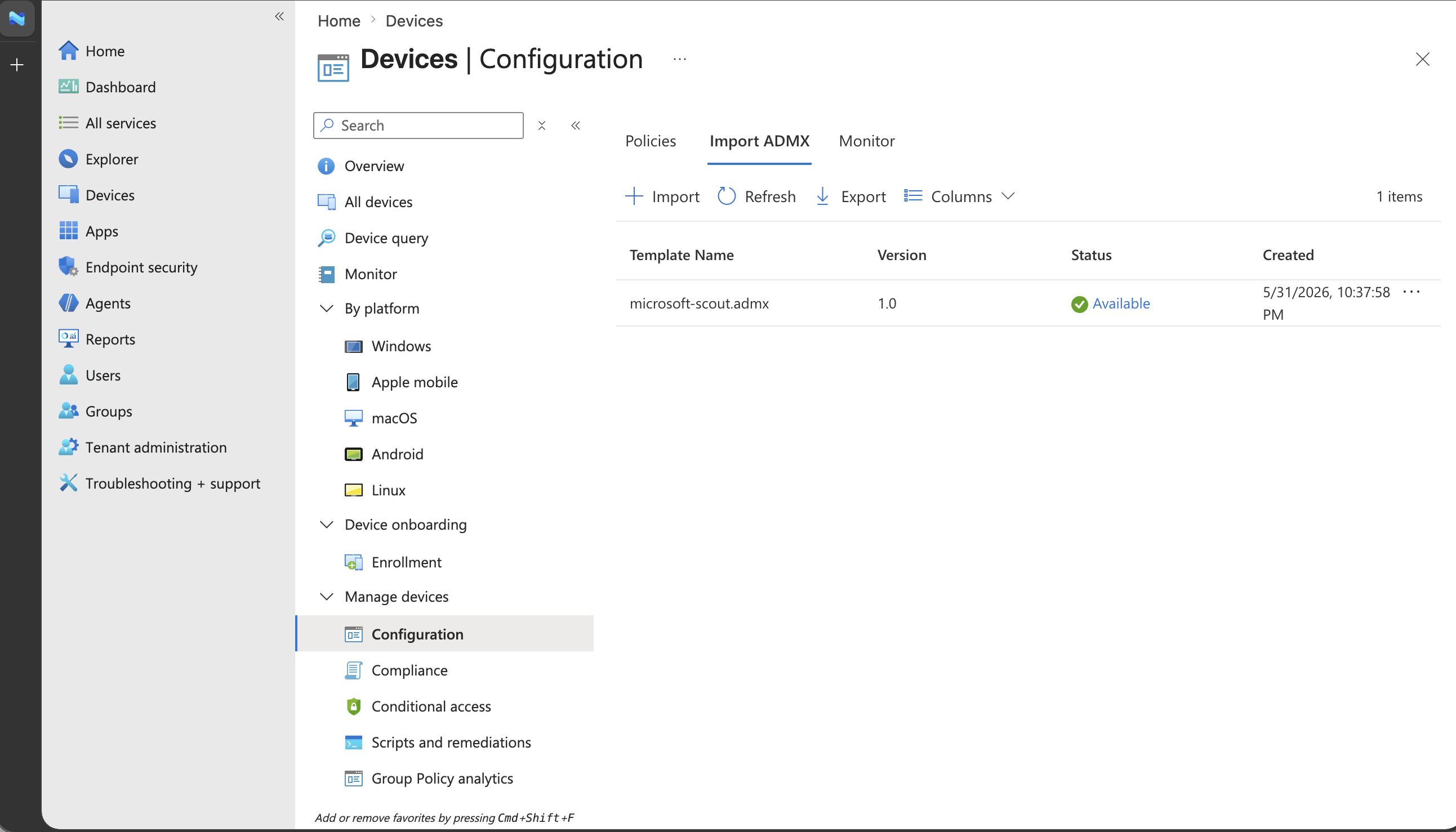 Screenshot of the imported Microsoft Scout ADMX template listed with an Available status in Intune.