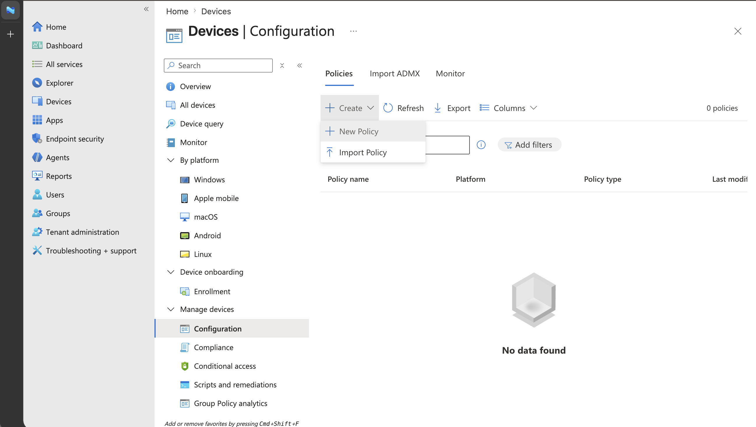 Screenshot of the Intune Configuration Policies tab with the New policy command highlighted.