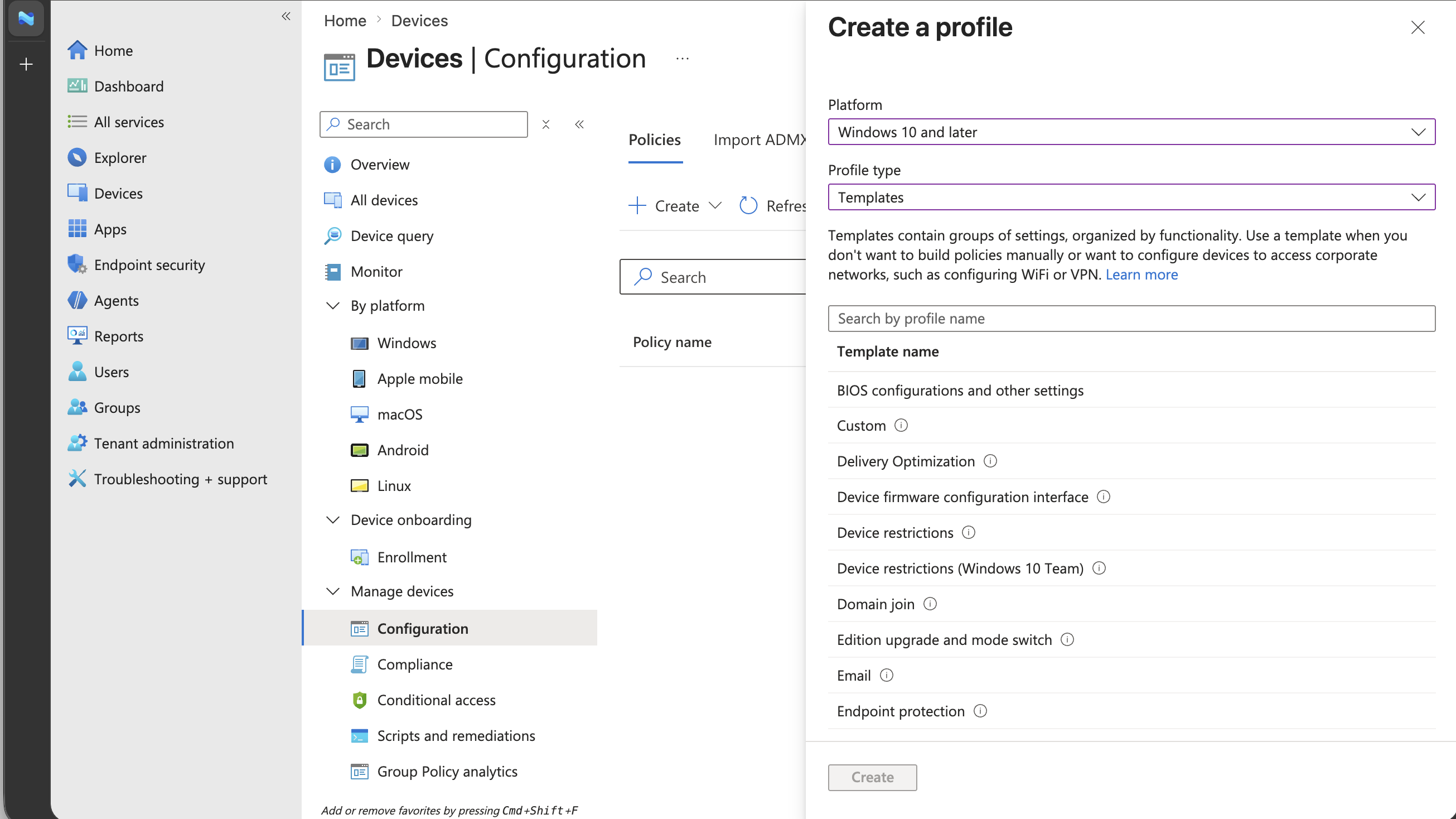 Screenshot of the Create a profile pane with Windows 10 and later platform and Templates profile type selected.