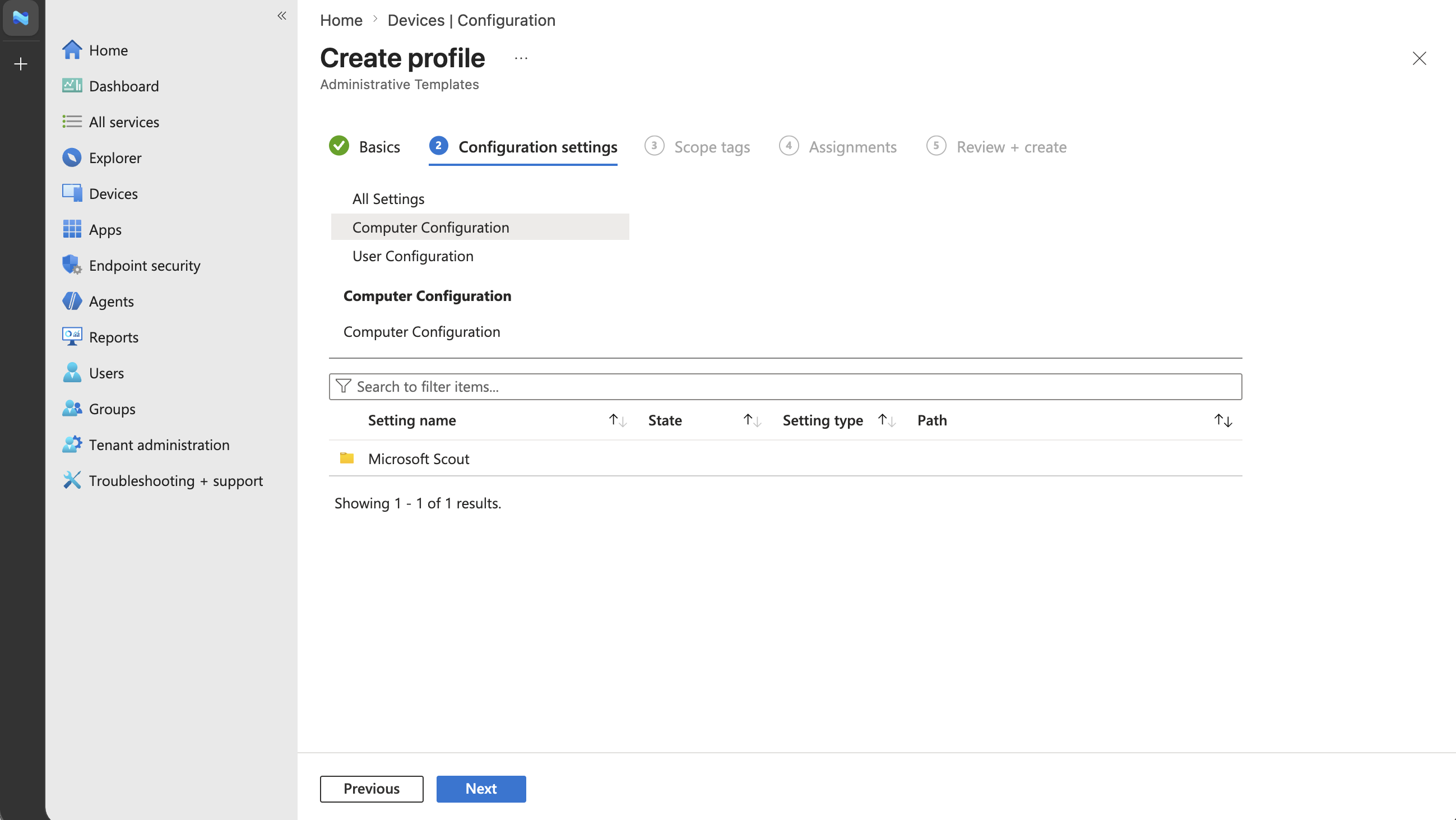 Screenshot of the Configuration settings page with the imported Microsoft Scout configuration template selected.