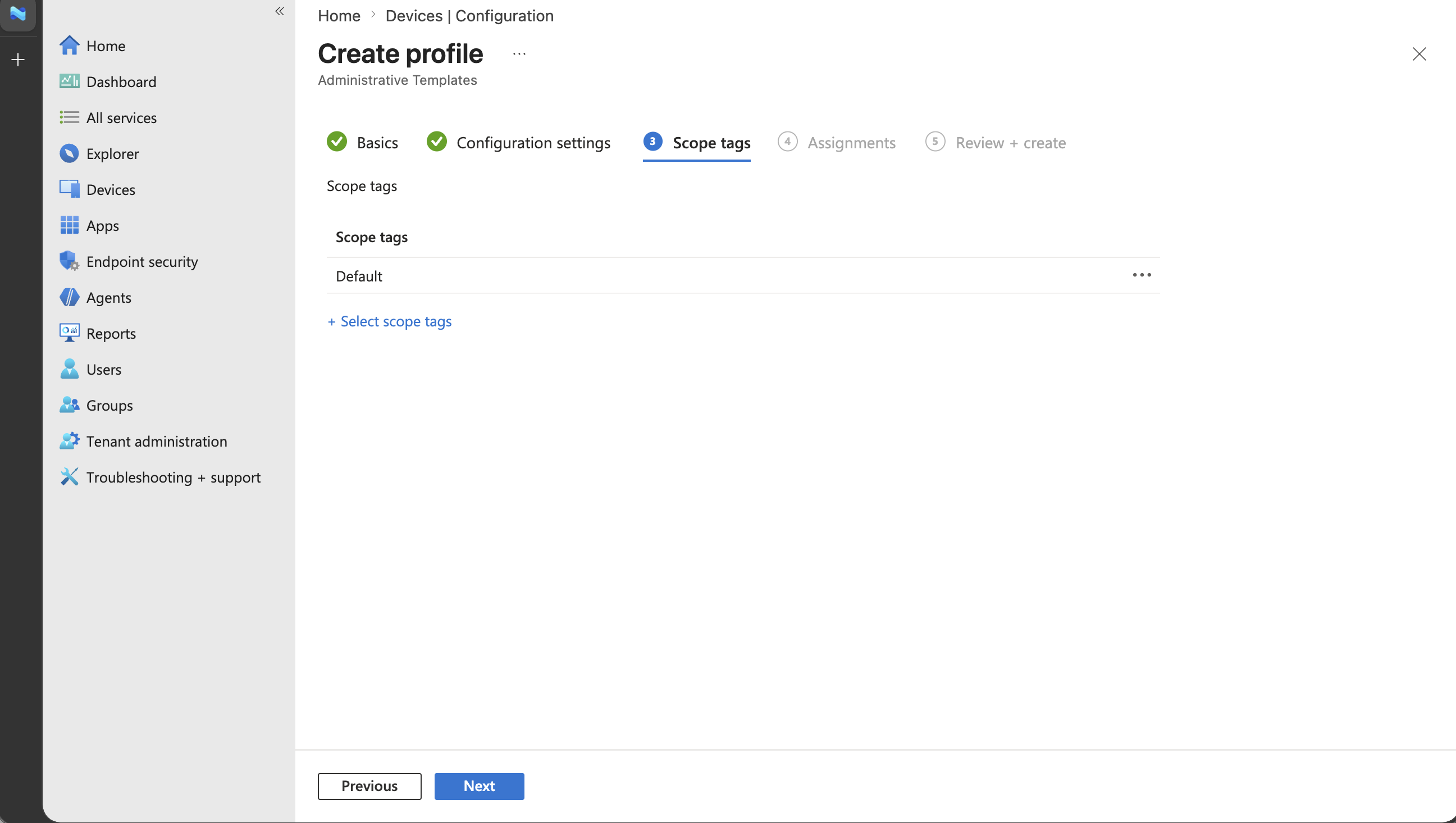 Screenshot of the Scope tags page showing the default scope tag for the Windows policy.