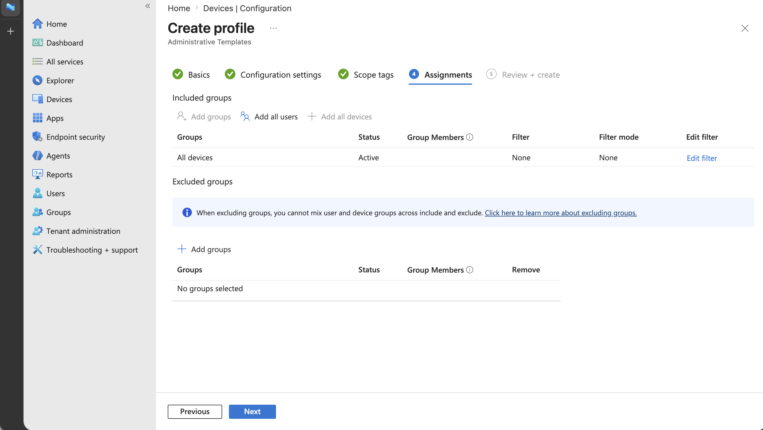 Screenshot of the assignment page with All devices selected for the Microsoft Scout Windows policy.