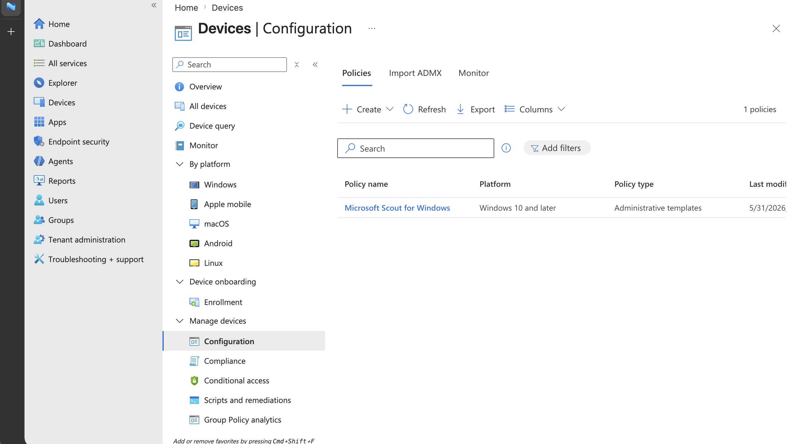 Screenshot of the Intune configuration policy list showing the newly created Microsoft Scout Windows policy.