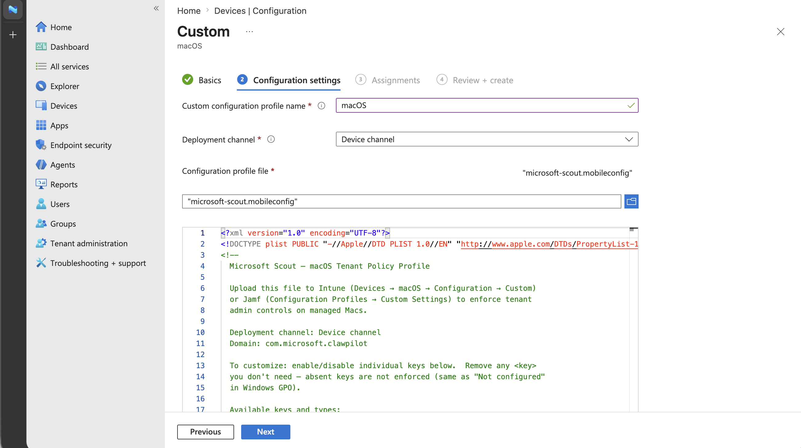 Screenshot of the Configuration settings page for the macOS custom profile with microsoft-scout.mobileconfig uploaded.