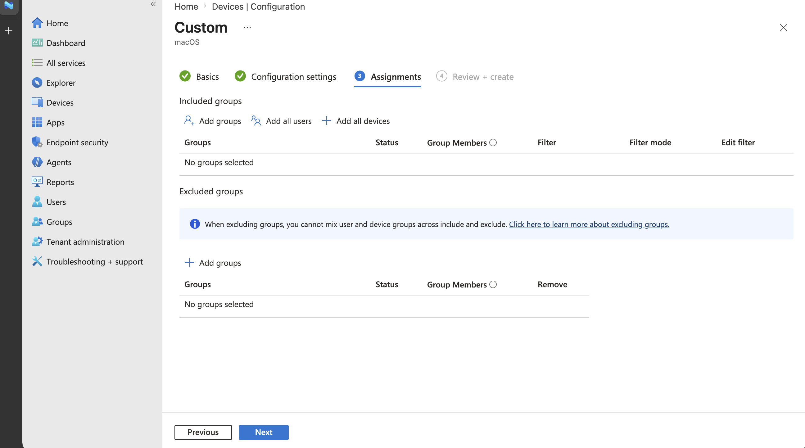 Screenshot of the Assignments page for the Microsoft Scout macOS configuration profile.