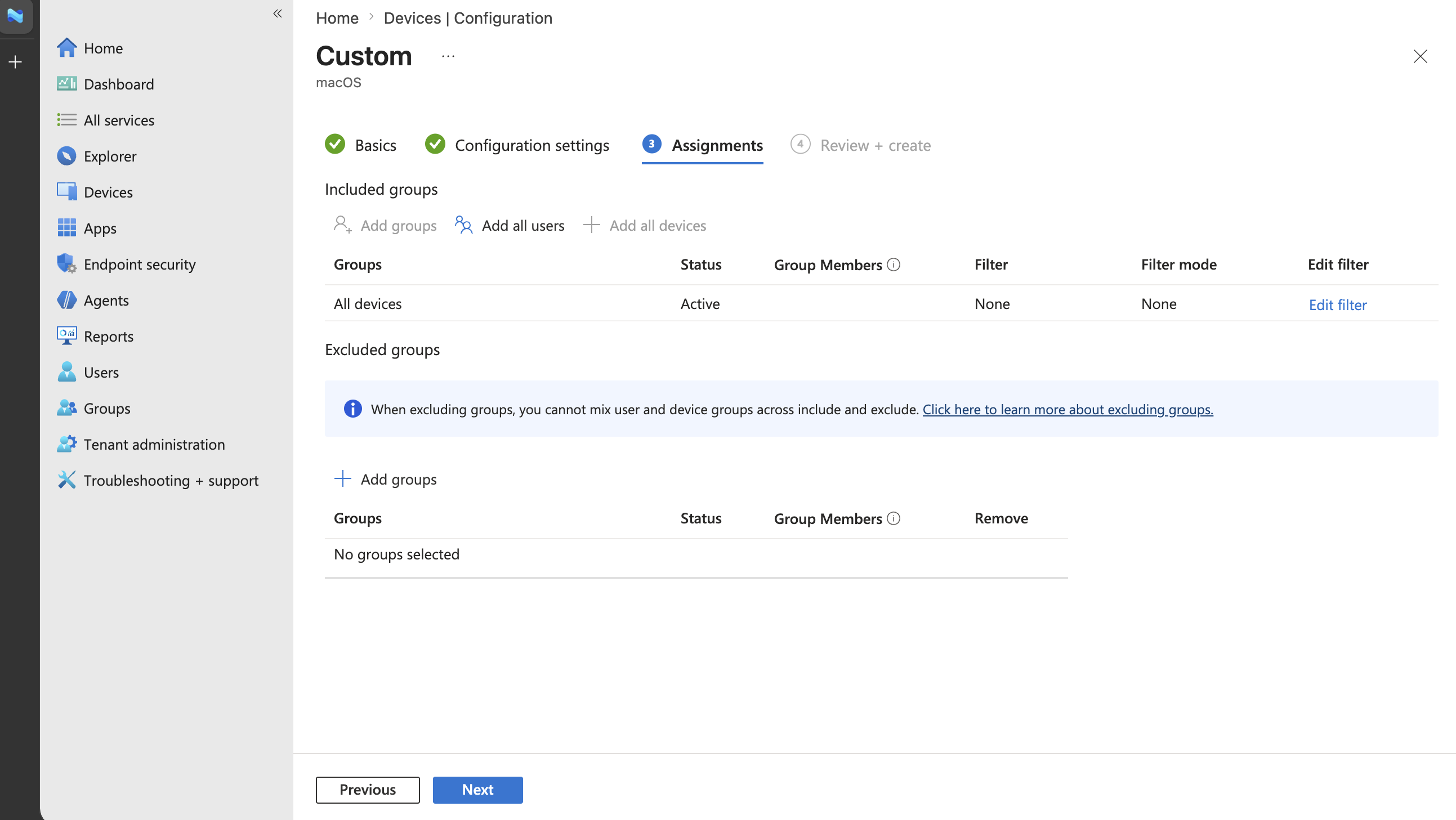 Screenshot of the assignment page with All devices selected for the Microsoft Scout macOS profile.