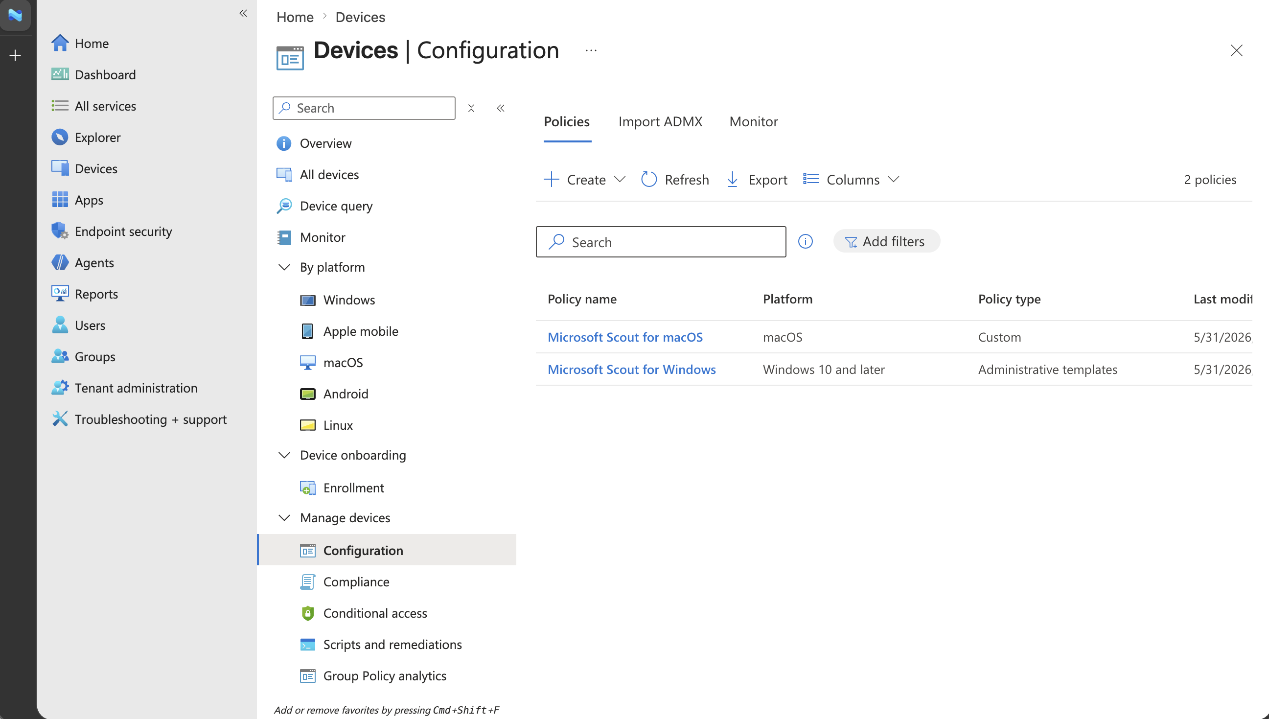 Screenshot of the Intune configuration policy list showing the newly created Microsoft Scout macOS profile.