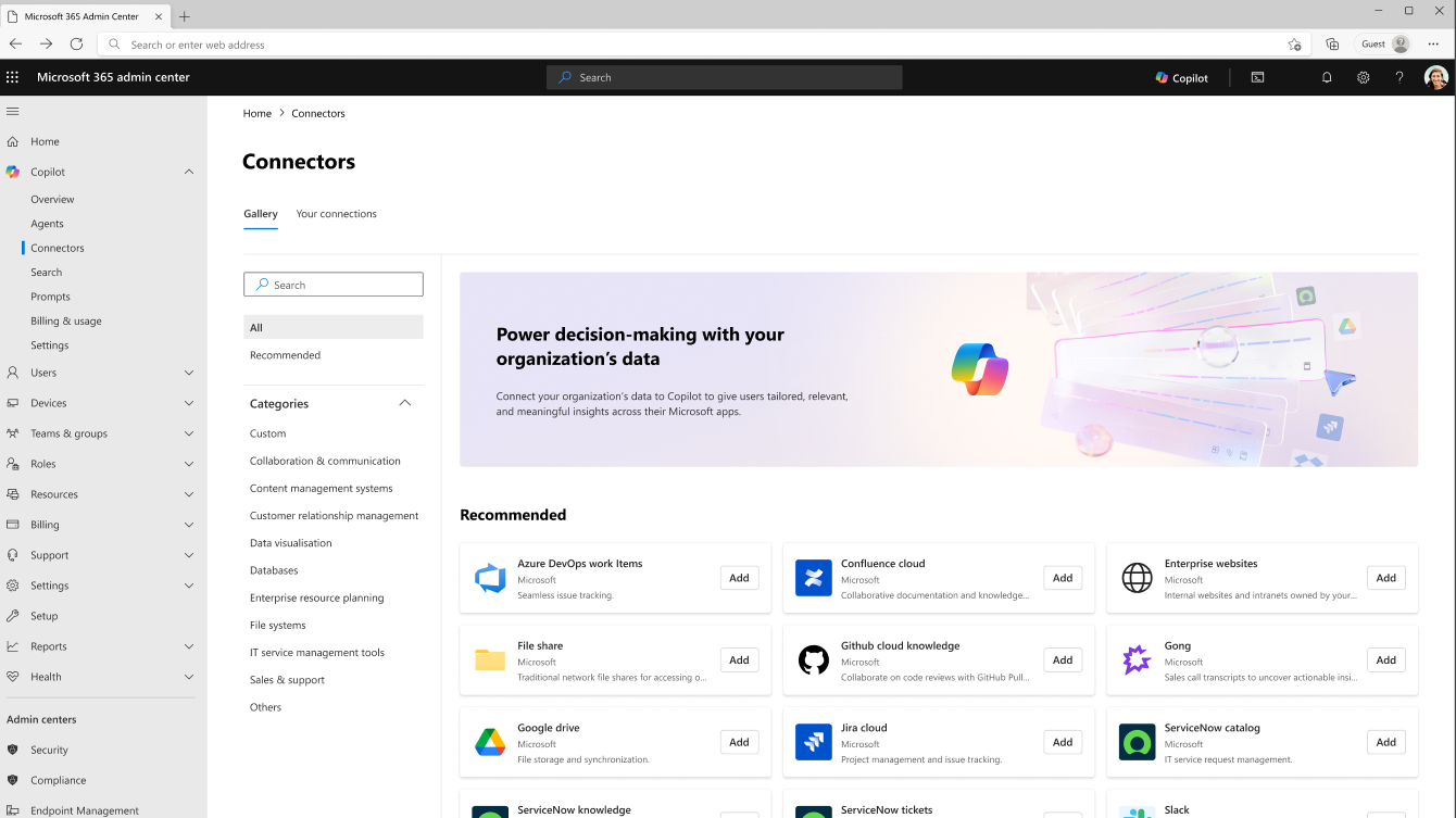 Data sources available include: ADLS Gen2, Enterprise websites, Microsoft SQL server, Azure SQL, Oracle SQL database, ServiceNow Knowledge, ServiceNow Catalog, File share, Azure DevOps, and MediaWiki.