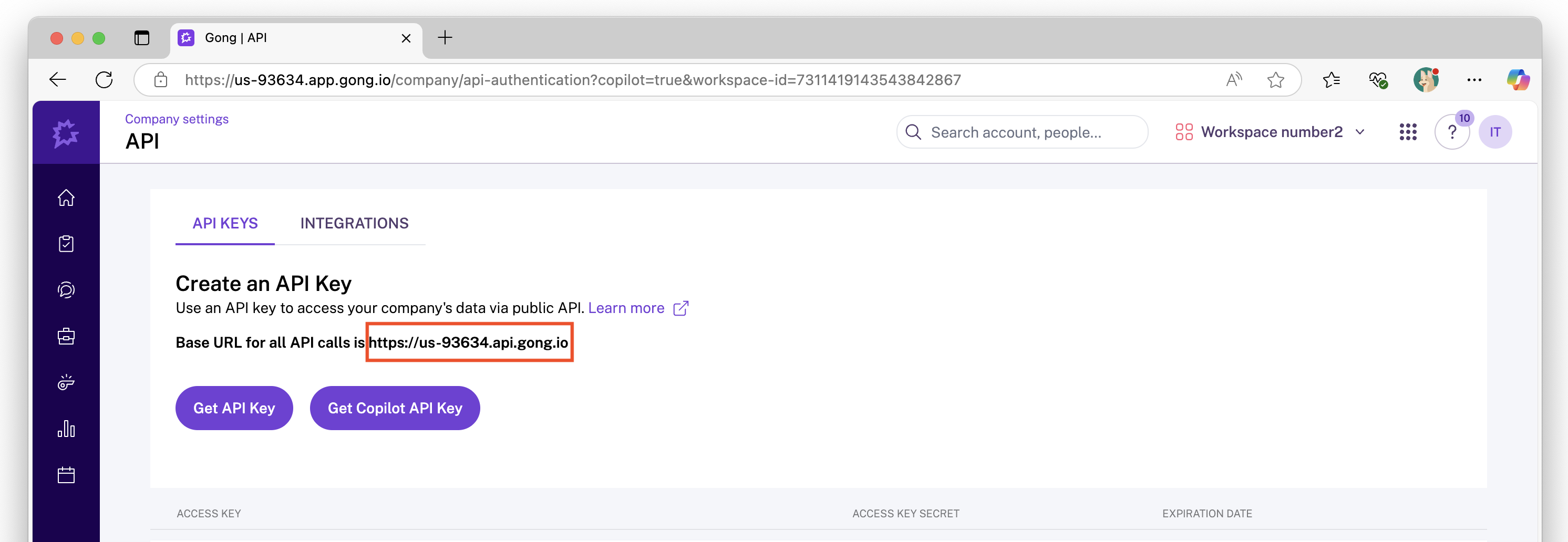 Screenshot that shows how to get the Gong base URL.