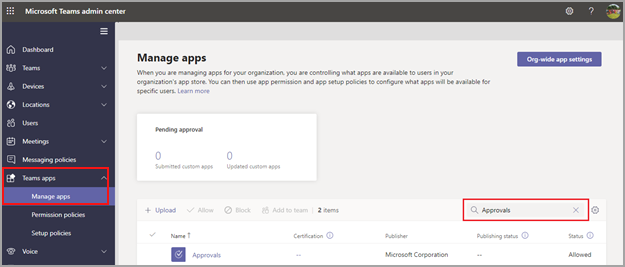 shows the Admin center navigation with Teams Apps > Manage Apps highlighted.