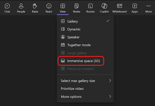 Screenshot of mmersive spaces view selector in Teams View menu.